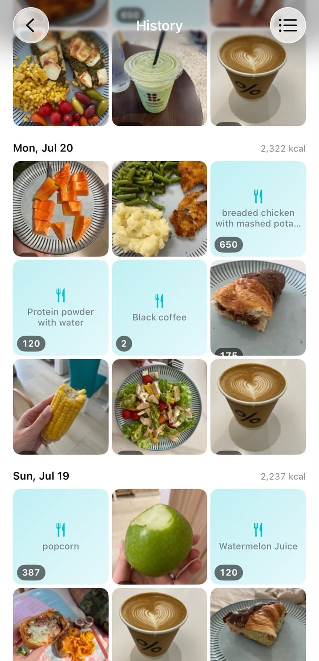 History grid of photographed meals across several days, each with its calorie count and a daily total.