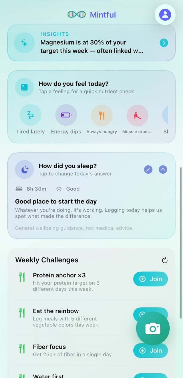 Mintful home screen: a magnesium insight, a how-do-you-feel check-in, last night's sleep, and this week's challenges.